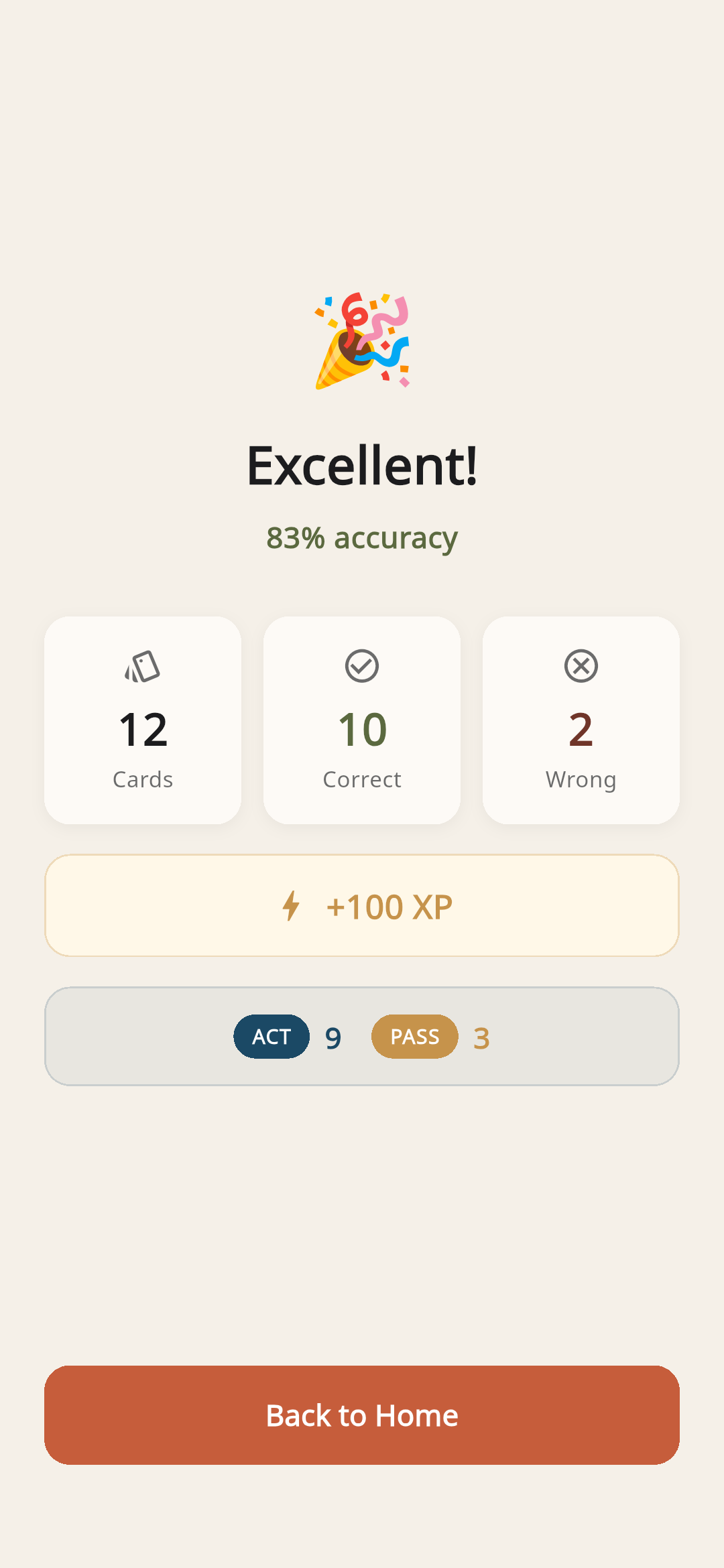 Session complete with accuracy stats and XP earned